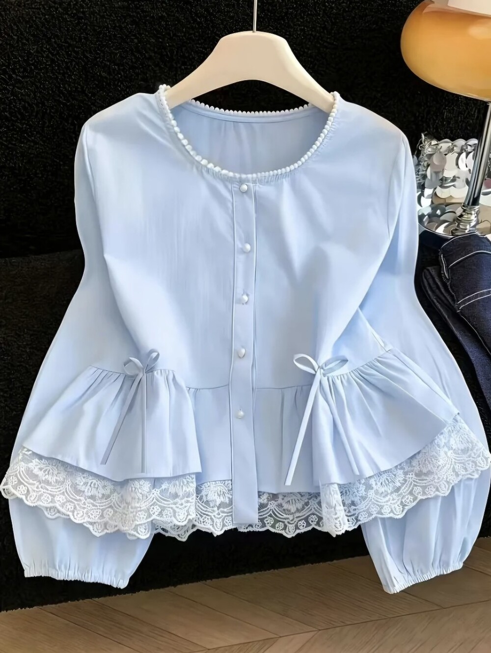 Fashionable Lace-trimmed Long-sleeve Top